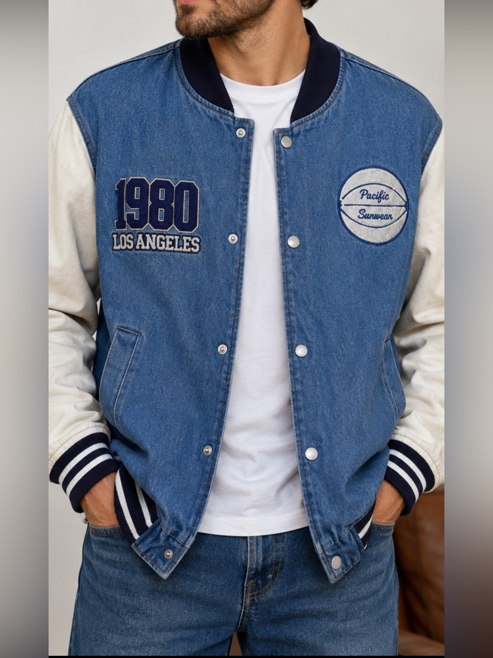 PacSun Men’s L Denim Varsity Bomber Jacket 1980 Los Angeles Patch Blue